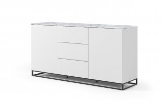 Buffet WHITY 2 blanc mat 180cm 2 portes/3 tiroirs Plateau en Marbre blanc avec piètement noir